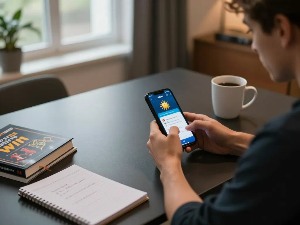 Player exploring sun win app on mobile device in a cozy home environment, showcasing responsible gaming.