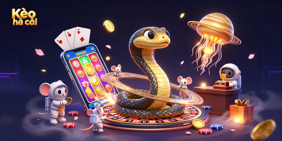 Kèo nhà cái betting scene with a cosmic dealer and astronaut mice, showcasing vibrant gaming elements.