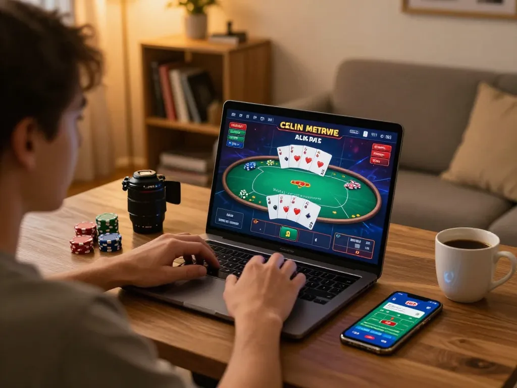 KJC player engaged in strategic online poker on a laptop in a cozy home setting, reflecting responsible gaming.
