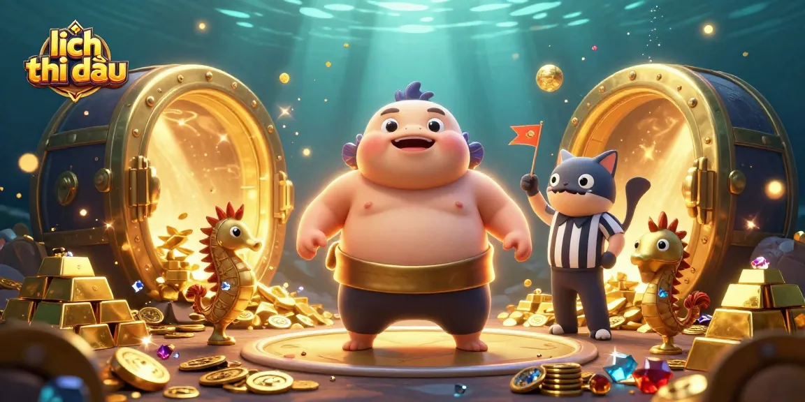 Watch the exciting underwater scene showcasing lịch thi đấu updates lively illustrated with vibrant characters and dynamic gold effects.