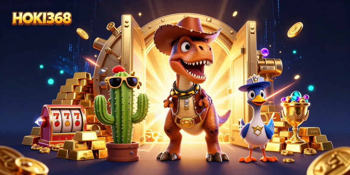 Experience HOKI368's vibrant casino adventure with cartoon dinosaur and gold treasures!