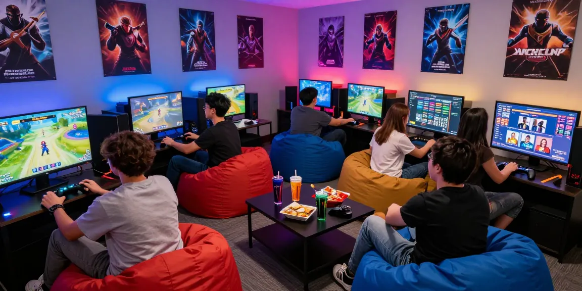 Group of friends enjoying iwin gaming experience in vibrant lounge atmosphere.
