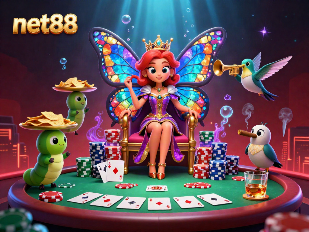 Engage in thrilling casino moments at net88 with a vibrant 3D illustration of games and characters.