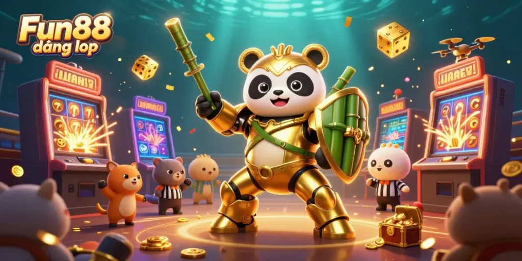 Engage with Fun88 đăng nhập through an exciting 3D casino battle scene featuring a golden panda in a mech-suit.