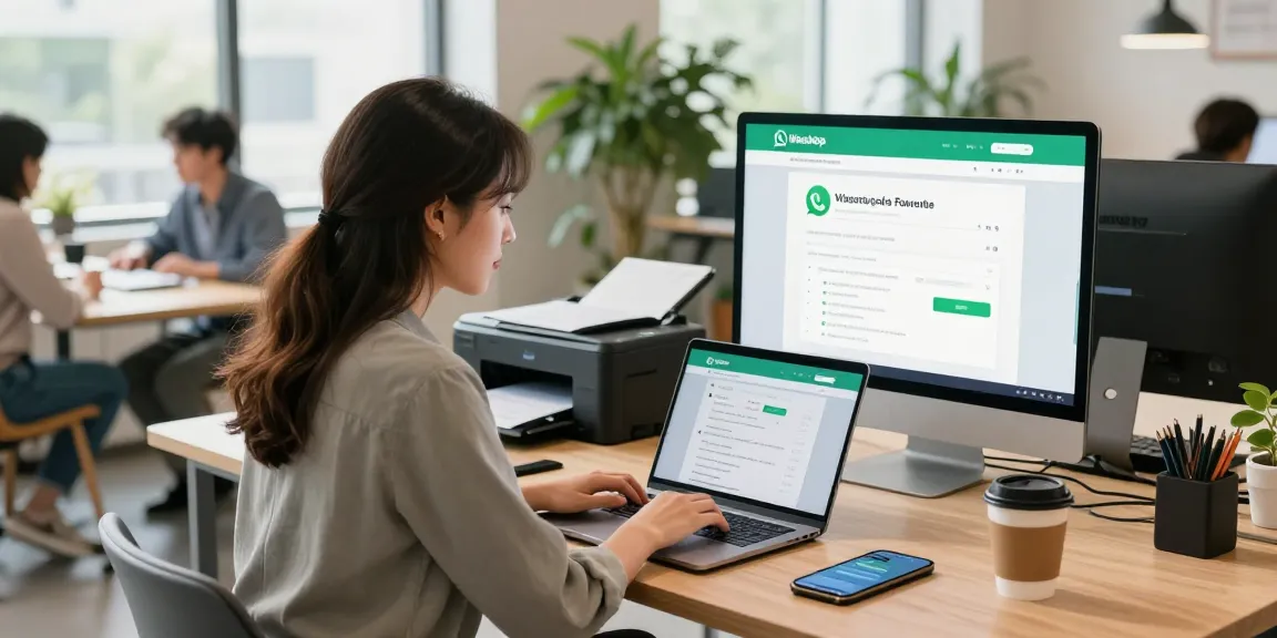 Young professional using WhatsApp網頁版 on laptop in a modern co-working space