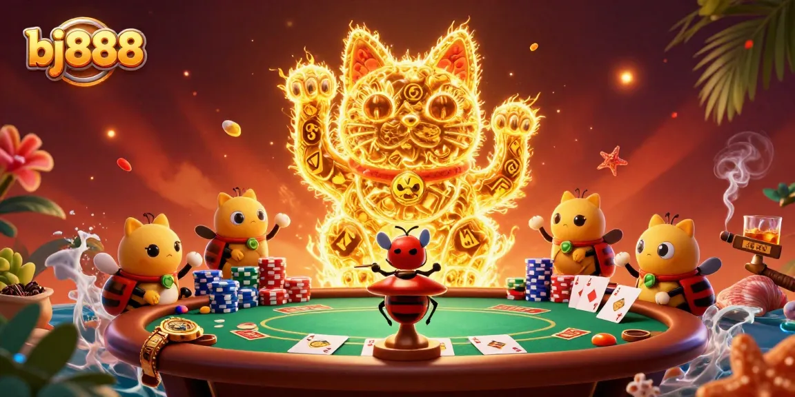 Experience thrilling gameplay with bj888's vibrant casino atmosphere featuring a lucky cat and poker elements.