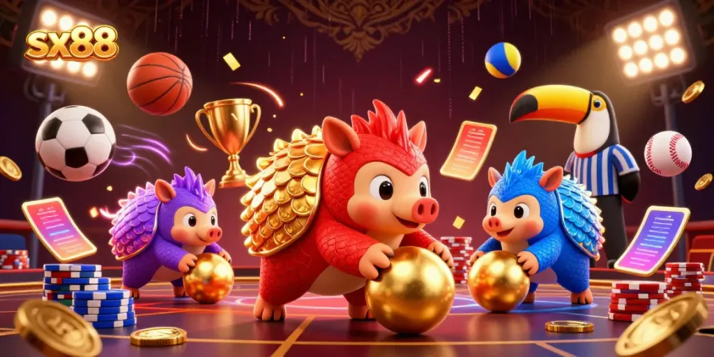 SX88 pangolins compete in a dynamic casino scene with poker chips, sports elements, and vibrant energy.