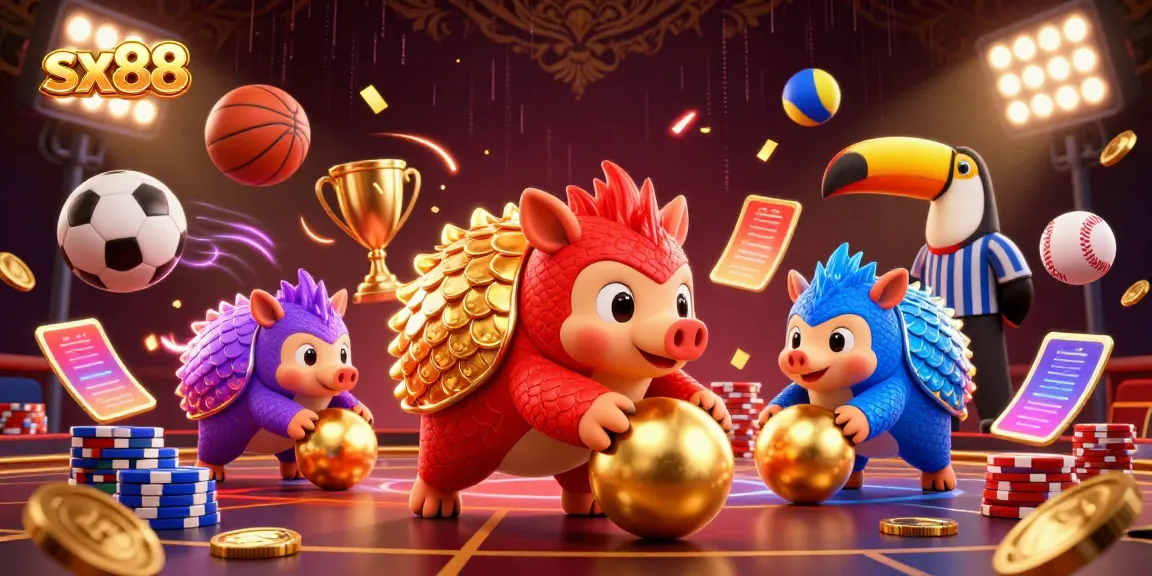 SX88 pangolins compete in a dynamic casino scene with poker chips, sports elements, and vibrant energy.