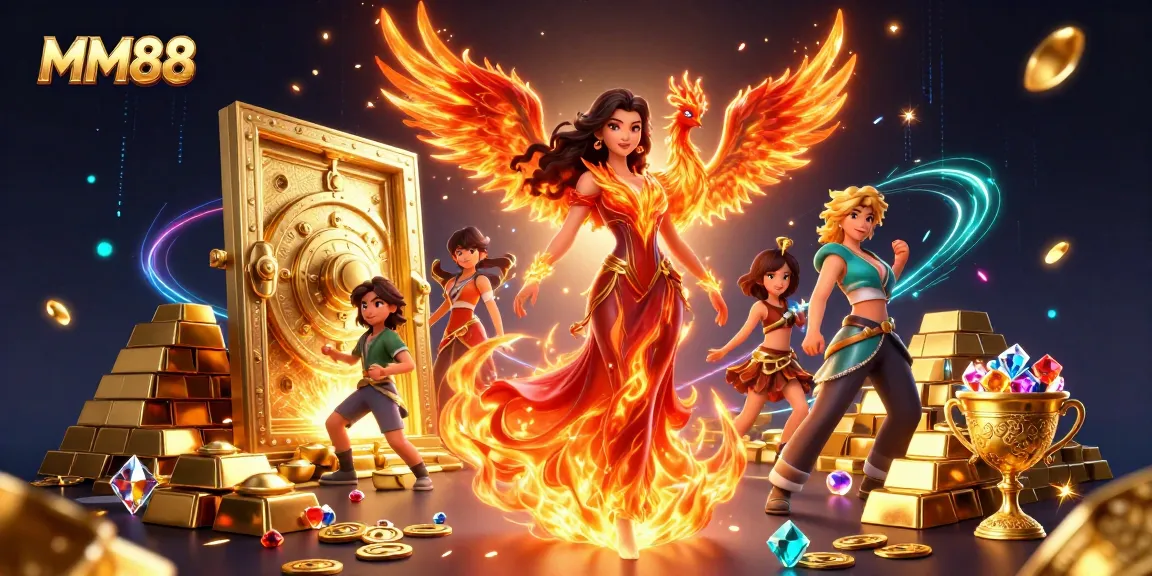 Experience thrilling gameplay with MM88's vibrant casino-themed illustration featuring magical elements and treasures.
