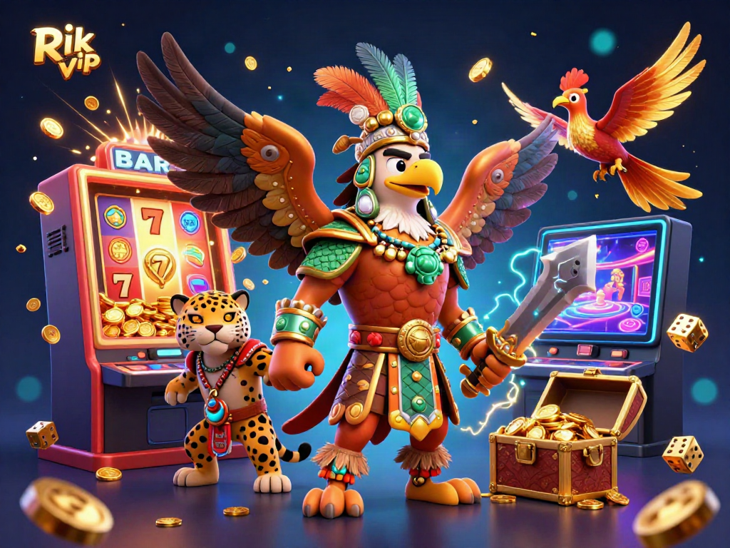 Engage with the thrilling Rik Vip casino adventures, featuring a dynamic scene of vibrant characters amid a jackpot explosion.