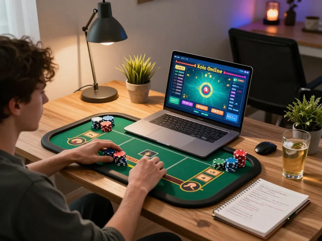 Xóc Đĩa Online gameplay scene showing player actively participating in an online game on a laptop, strategic notes visible.