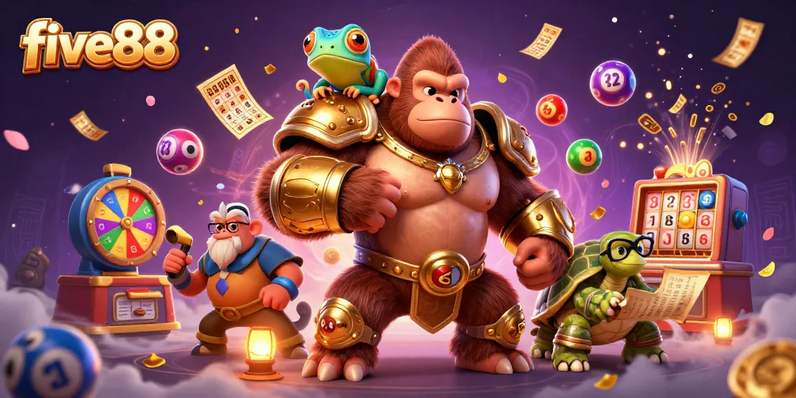 five88 captures the excitement of winning with a gorilla king, chameleon, and tortoise celebrating vibrant lottery action.