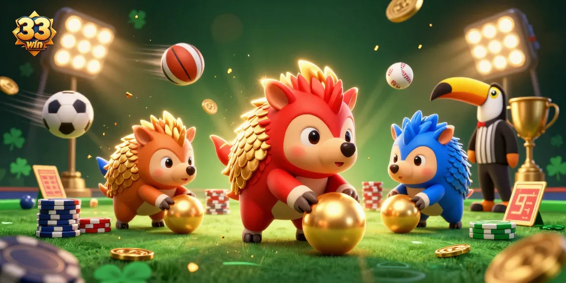 33win features rival pangolins in a vibrant casino scene, rolling through poker chips and celebrating wins.