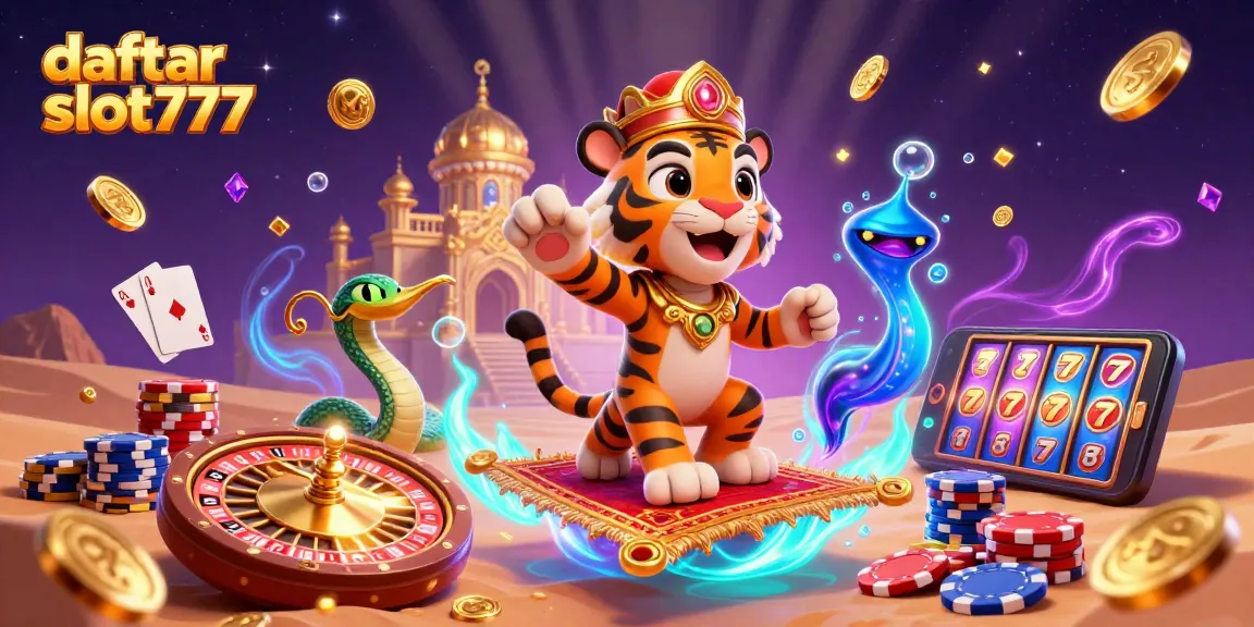 Spin to win with daftar slot777 on a colorful flying carpet surrounded by cascading gems and coins!