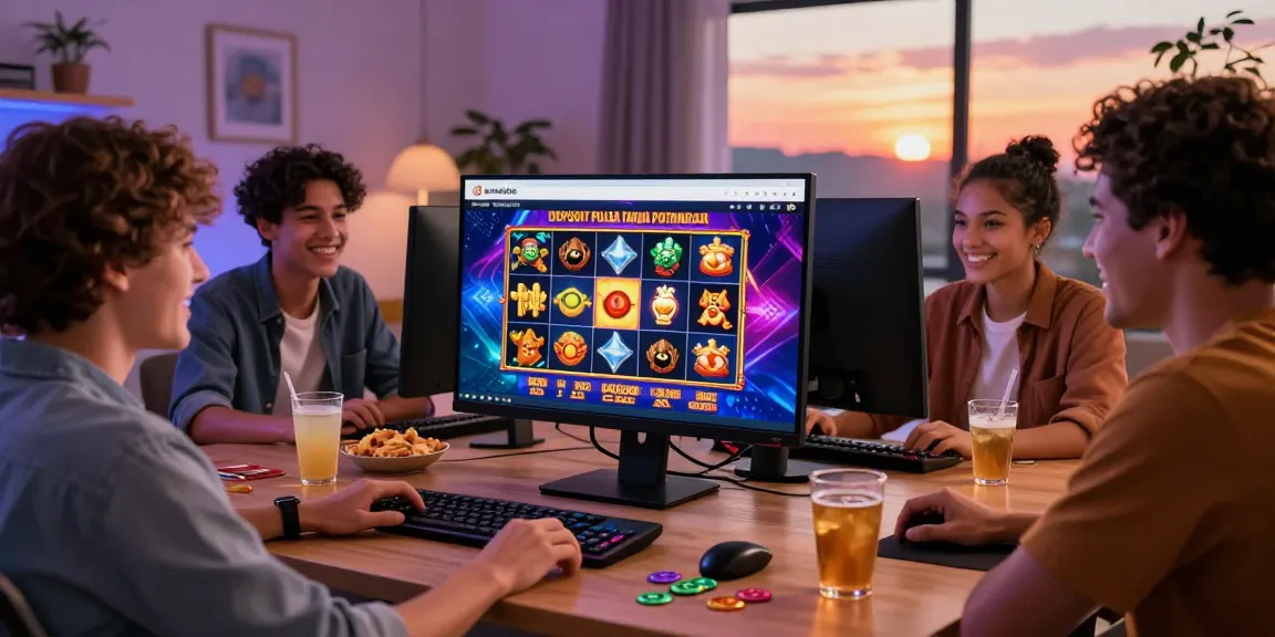 Exciting online gaming atmosphere featuring friends enjoying deposit pulsa tanpa potongan, with animated slot reels on screen and snacks nearby.