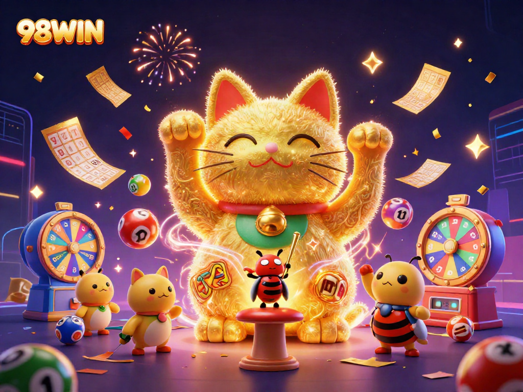 Experience the vibrant excitement of 98WIN with a lucky cat surrounded by casino symbols and lively game elements.