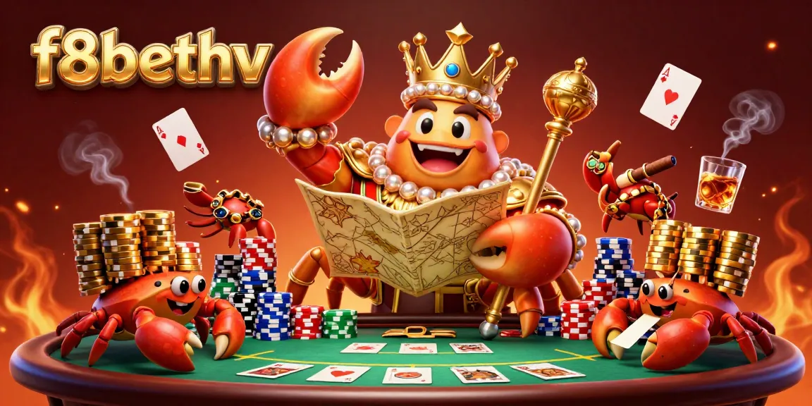 Engage with f8bethv's vibrant casino scene featuring a golden crab emperor amidst poker and treasure.