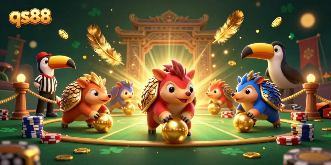 Engage with qs88's vibrant casino atmosphere illustrated by playful pangolins and rich gaming elements.