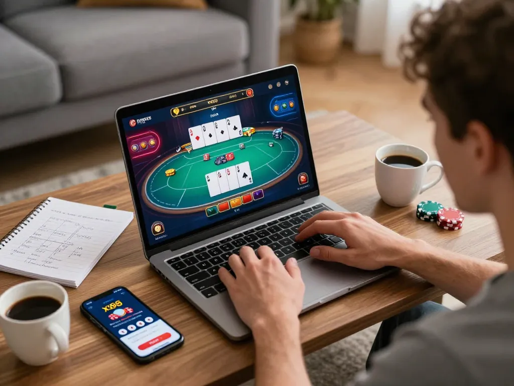 Player engaging in an exciting online xx88 poker game from home with strategic notes