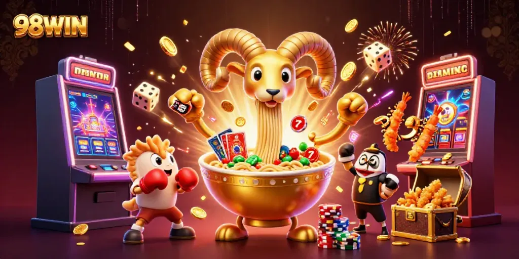 Experience the excitement of 98WIN with vibrant characters and dynamic casino elements in this 3D digital illustration.