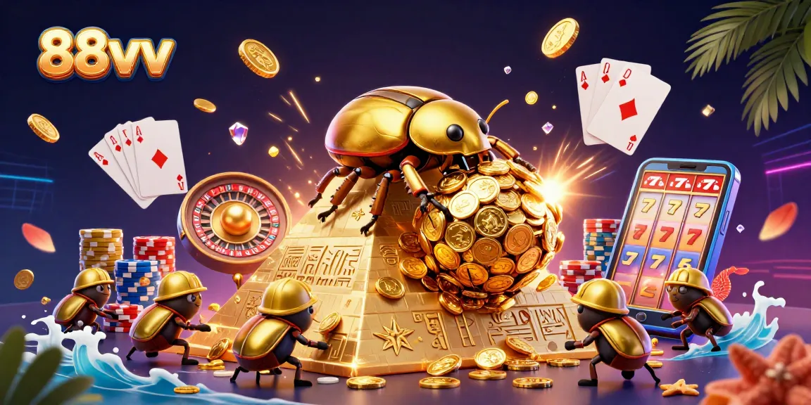 Spin for gold with 88vv's vibrant 3D casino scene featuring beetles and coins.