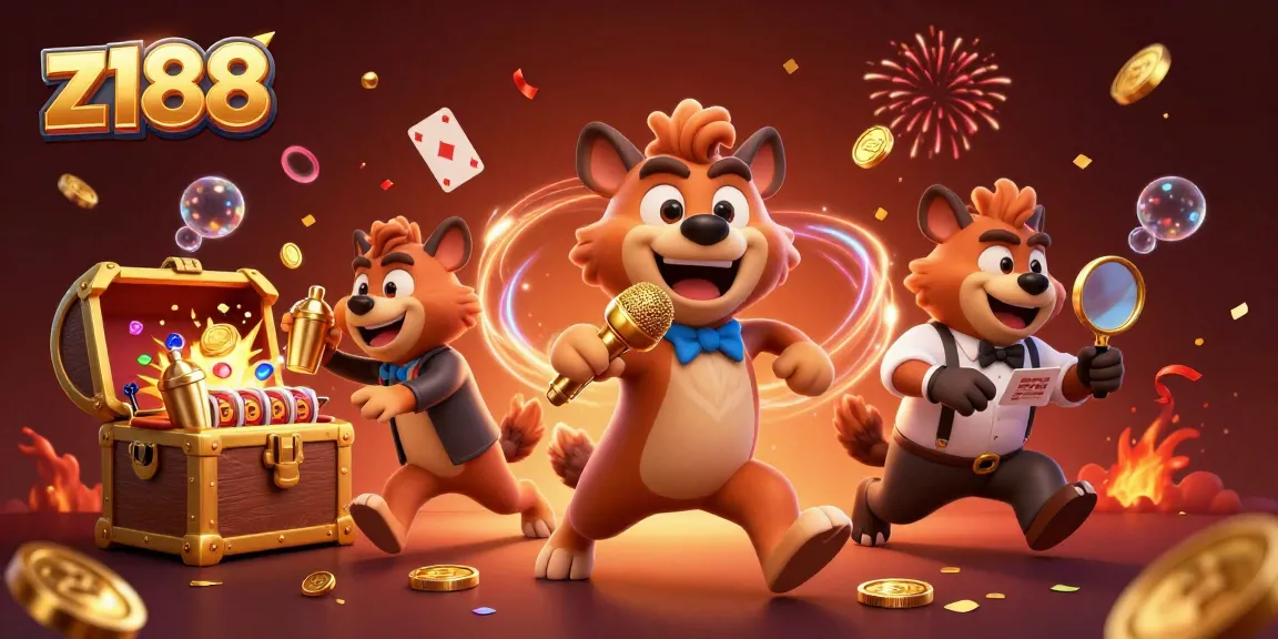 Players experience the excitement of z188 at a lively comedy casino with vibrant characters.