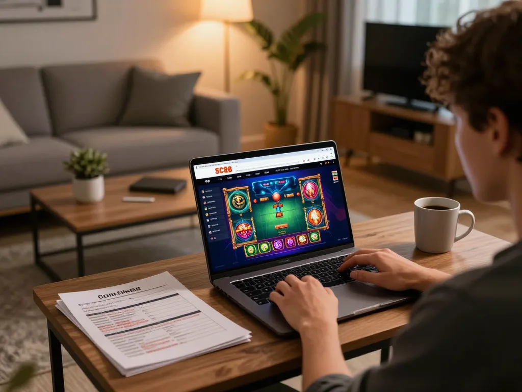 Engaged user exploring SC88 online casino gaming setup at home with vibrant screens.