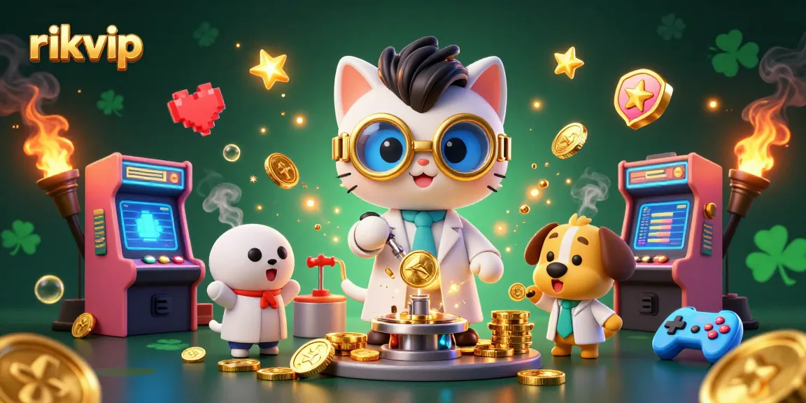 Experience the thrill of rikvip gameplay with a mad scientist cat and a dog assistant amidst a dazzling casino scene.