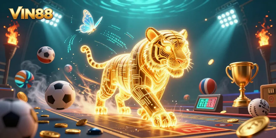 Experience VIN88's vibrant digital casino landscape with a neon golden tiger and dynamic sports elements.