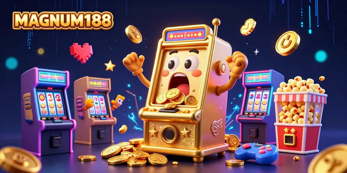 MAGNUM188 lights up the casino scene as a golden slot machine celebrates a jackpot amid cheering mini slot machines and popcorn kernels.