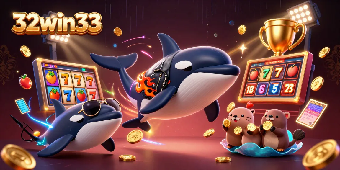 Experience the thrill of winning at 32win33 with cartoon characters celebrating around casino elements.