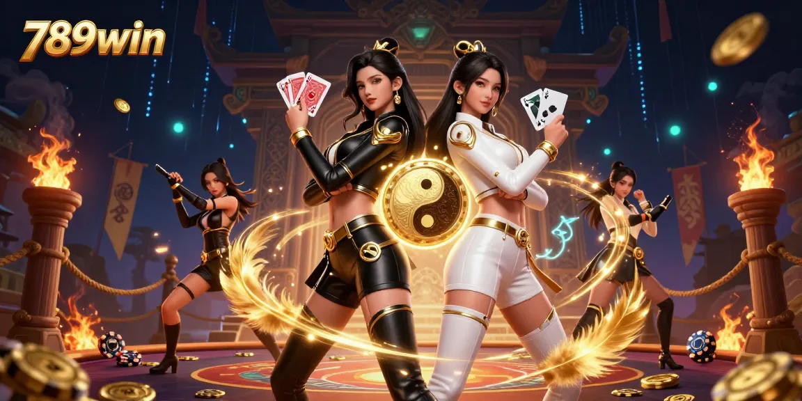Engage with vibrant visuals showcasing 789win casino, featuring dynamic twin Asian women, stunning cards, and energetic elements.