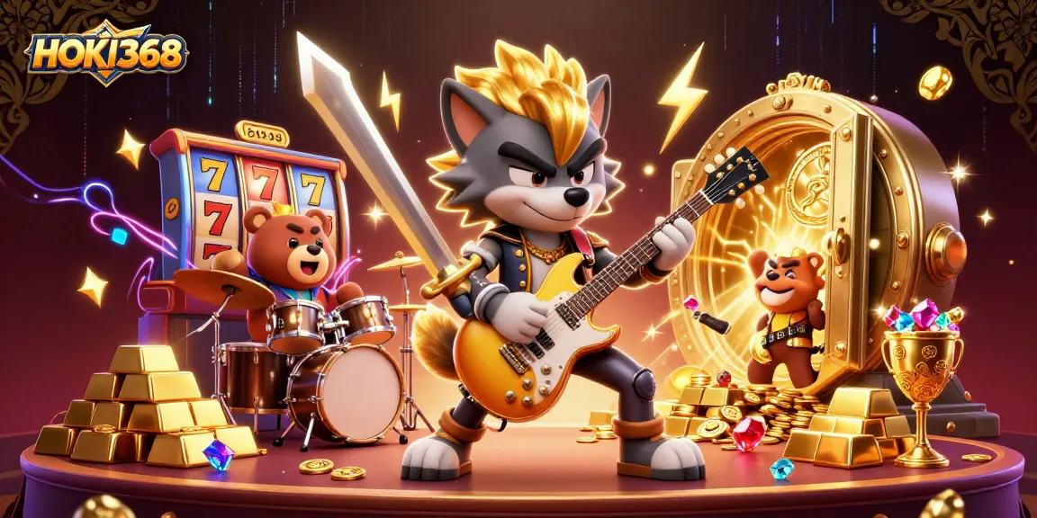 Engage with HOKI368's vibrant casino theme, showcasing a rock star wolf and drummer bear in a jackpot scene.