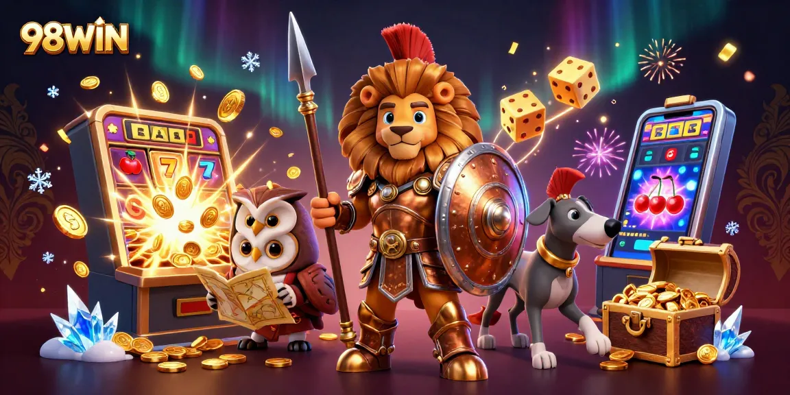 Join the action at 98WIN where a Spartan lion, wise owl, and swift greyhound celebrate casino gaming excitement with jackpots.
