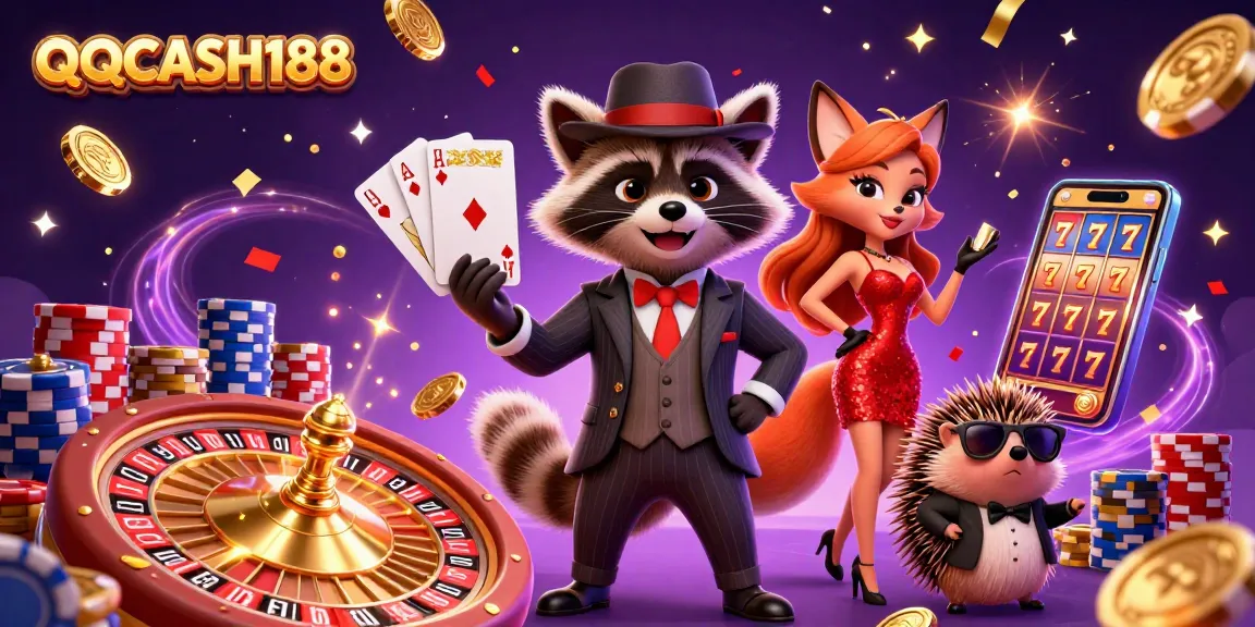 Join the excitement with QQCASH188 as suave raccoon and friends celebrate a royal flush in a vibrant casino scene.