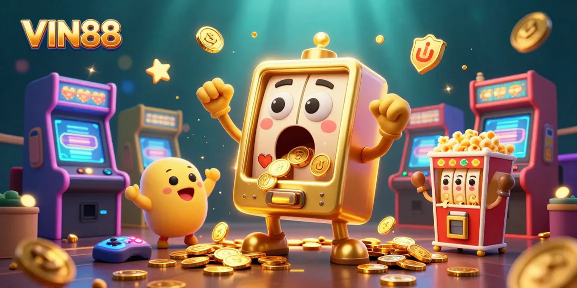 Experience VIN88 excitement as a cartoon slot machine hits the jackpot amidst vibrant casino elements.