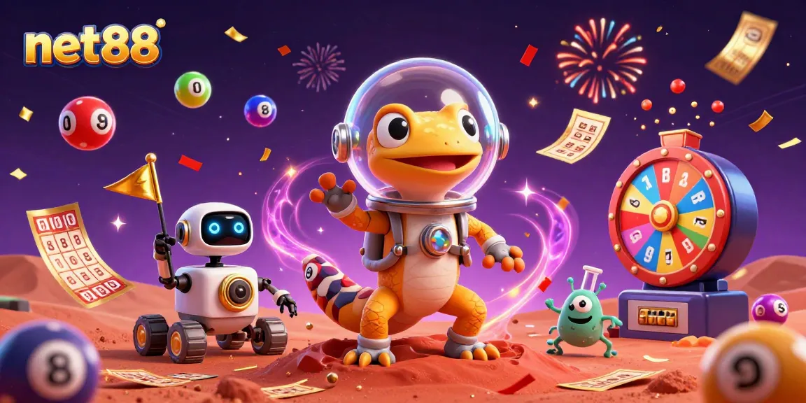 Experience the vibrant world of gaming at net88 with a Martian gecko discovering a golden casino!