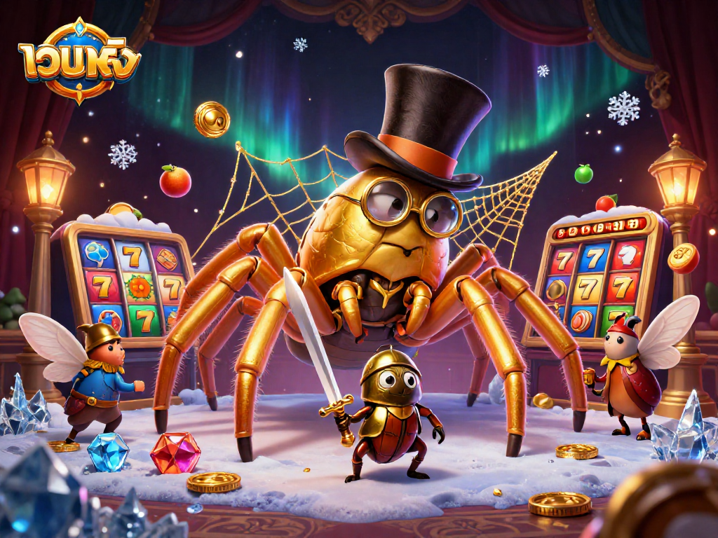 Experience เว็บตรง slots with a giant tarantula weaving golden webs and lucky elements in a vibrant casino.