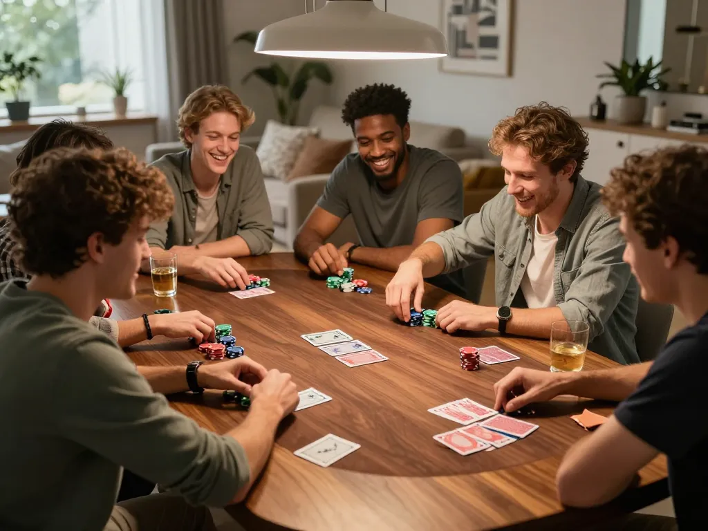 Friends enjoying a thrilling poker night at home, engaging with gg88 com for fun and strategy