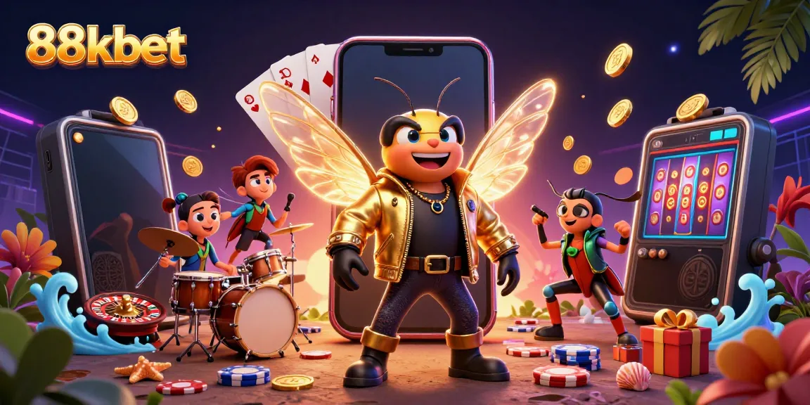 Experience the vibrant energy of 88kbet with a cartoon rock star and dynamic gaming elements.
