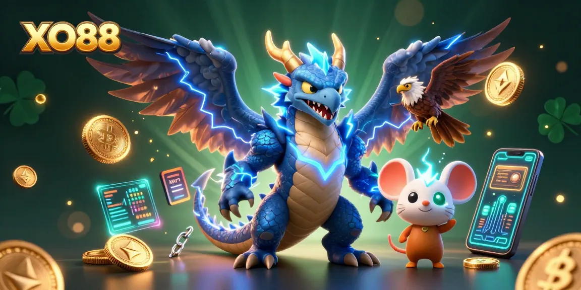 Engage in thrilling game action with XO88's electric 3D illustration showcasing vibrant digital gambling elements.