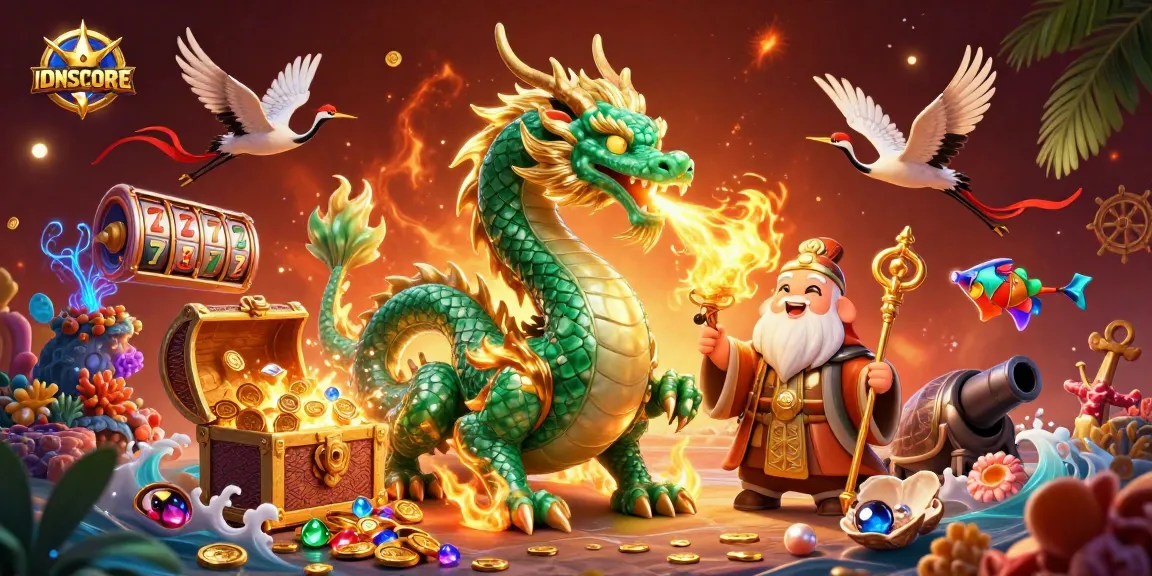 Experience legendary wins at IDNSCORE with this vibrant 3D cartoon illustration of a jade dragon, lucky cranes, and dynamic casino elements.