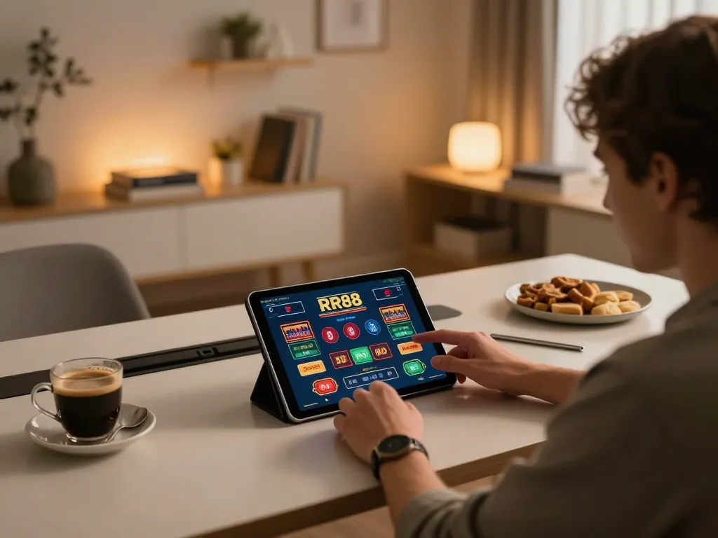 Engaging home gaming scene showcasing RR88 betting on tablet, inviting atmosphere for strategic online gambling.
