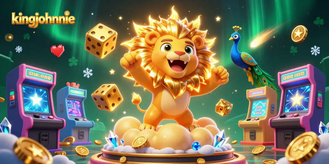 Engage with kingjohnnie's thrilling slots adventure, featuring vibrant casino elements and a roaring lion.