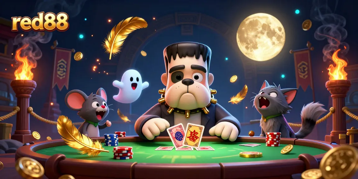 red88 showcases an adventurous scene with a bulldog monster dealing cards at a spooky casino table.