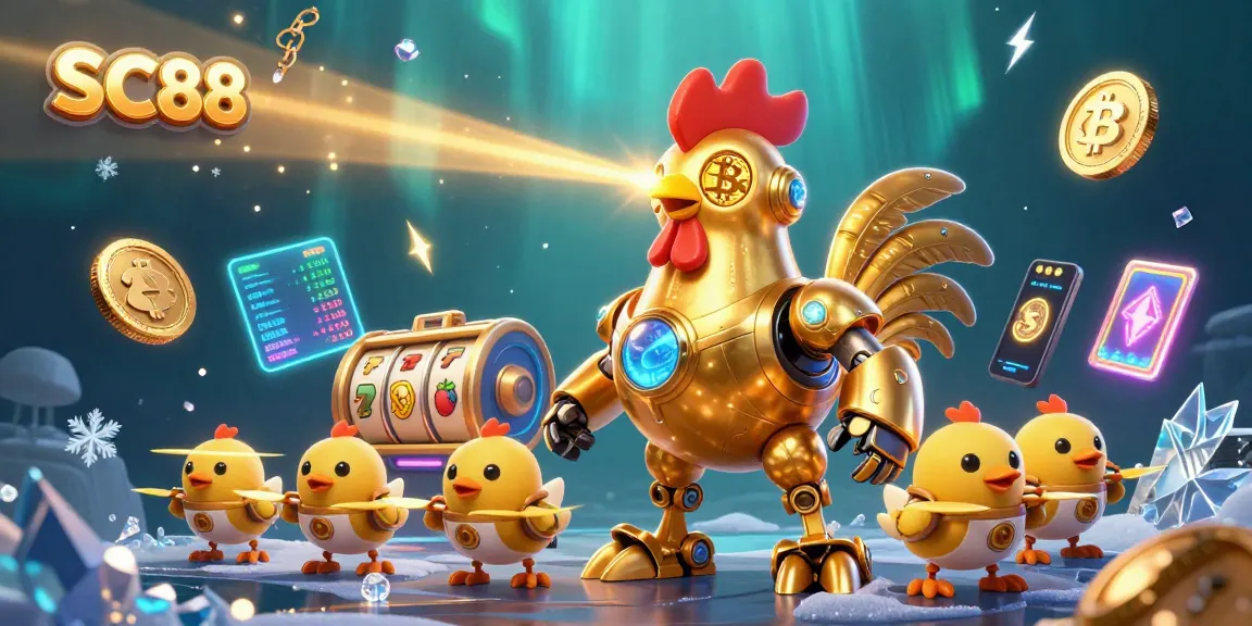 Experience winning at SC88 with a vibrant casino scene featuring golden rooster robot and slot game elements.