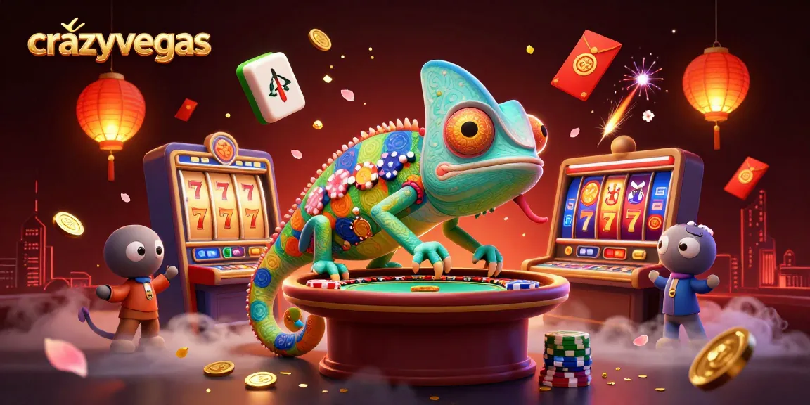 Crazyvegas showcases a vibrant scene with an enormous chameleon casino owner surrounded by colorful slot machines and glittering decorations.