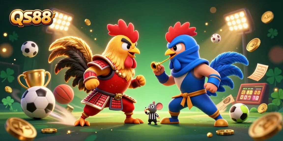 Engage in thrilling bets at QS88 with dynamic rooster duel and vibrant casino elements.