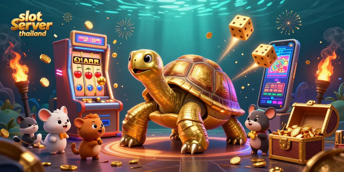 Experience the excitement of slot server thailand with a golden tortoise, jackpot coins, and vibrant casino elements.