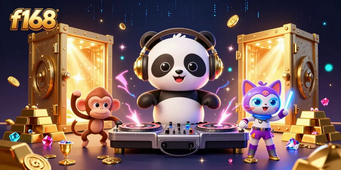 f168's vibrant 3D casino scene featuring a panda DJ amidst dazzling treasures and energetic characters